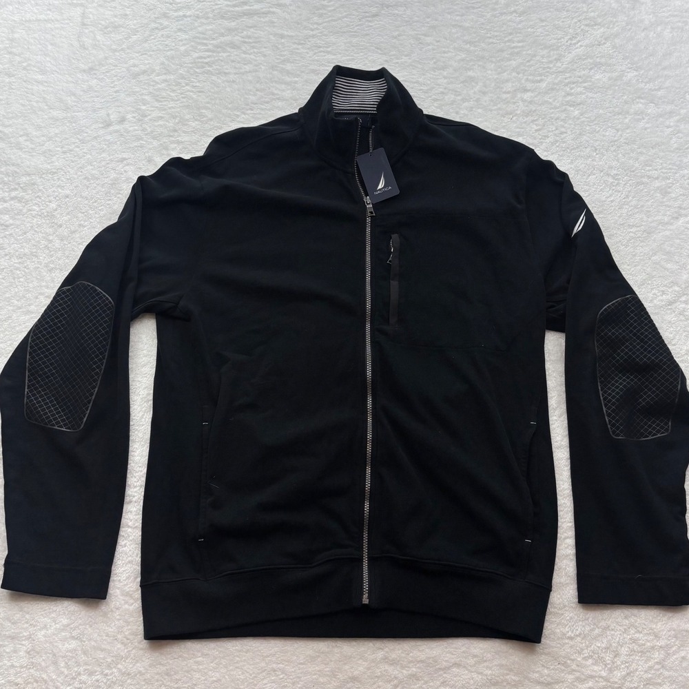 Nautica Mens XL Full Zip Track Jacket True Black Cotton Elbow Patches K91262 NWT